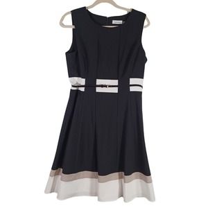 Calvin Klein Size 8 Belted Fit & Flare Dress Sleeveless Colorblock Black White